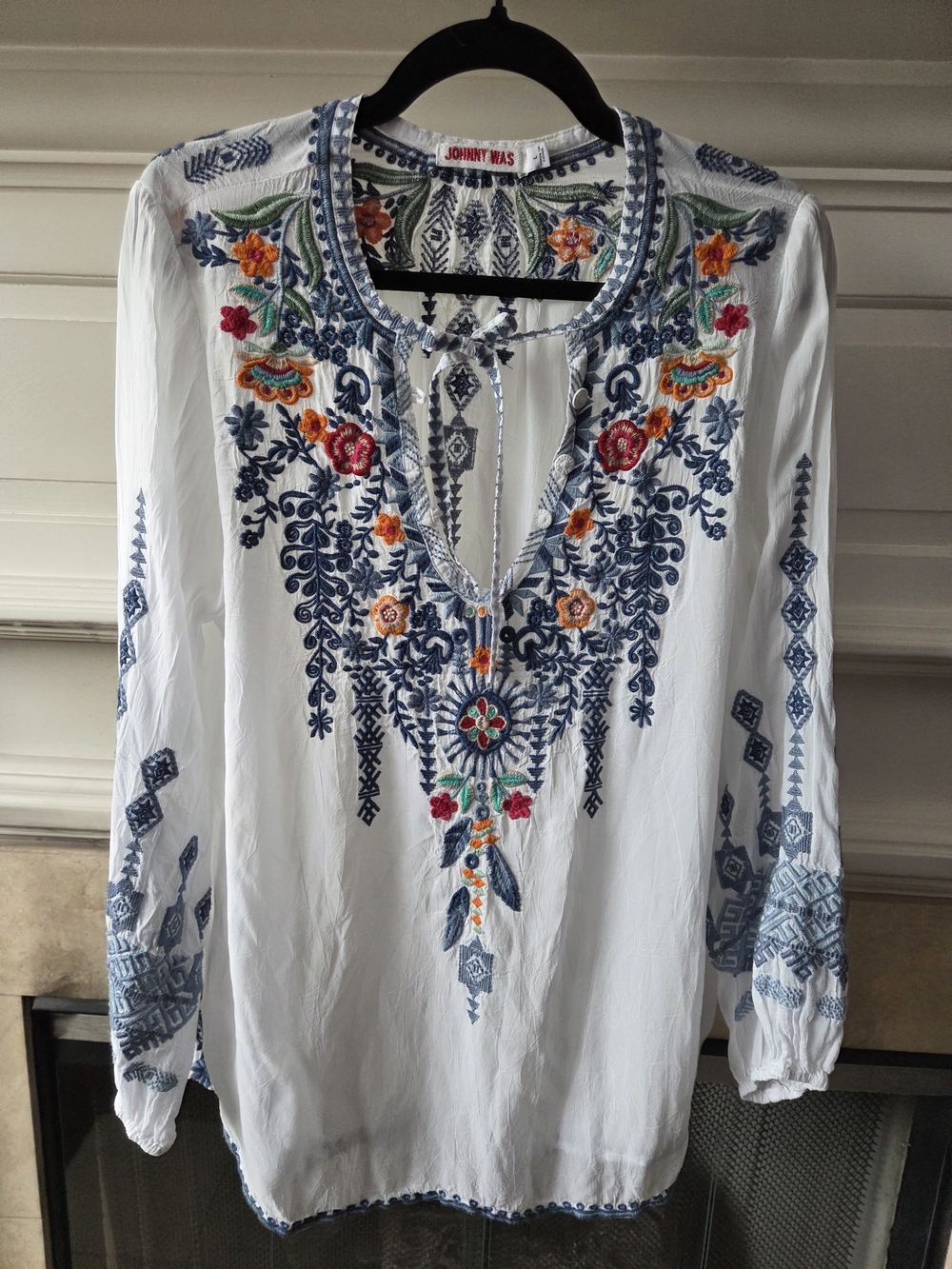 Johnny Was Chelsee White Embroidered Blouse Peasant Boho Tunic Top Size L